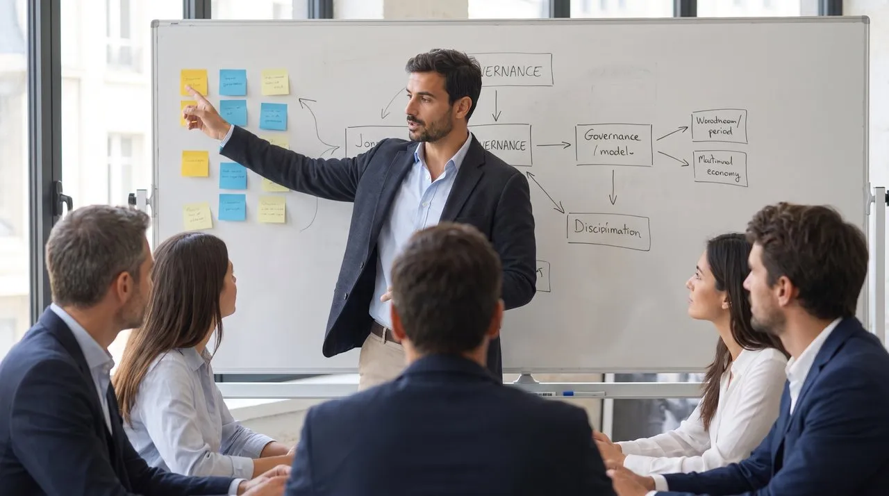 Le consultant anime un atelier de gouvernance devant un tableau couvert de notes