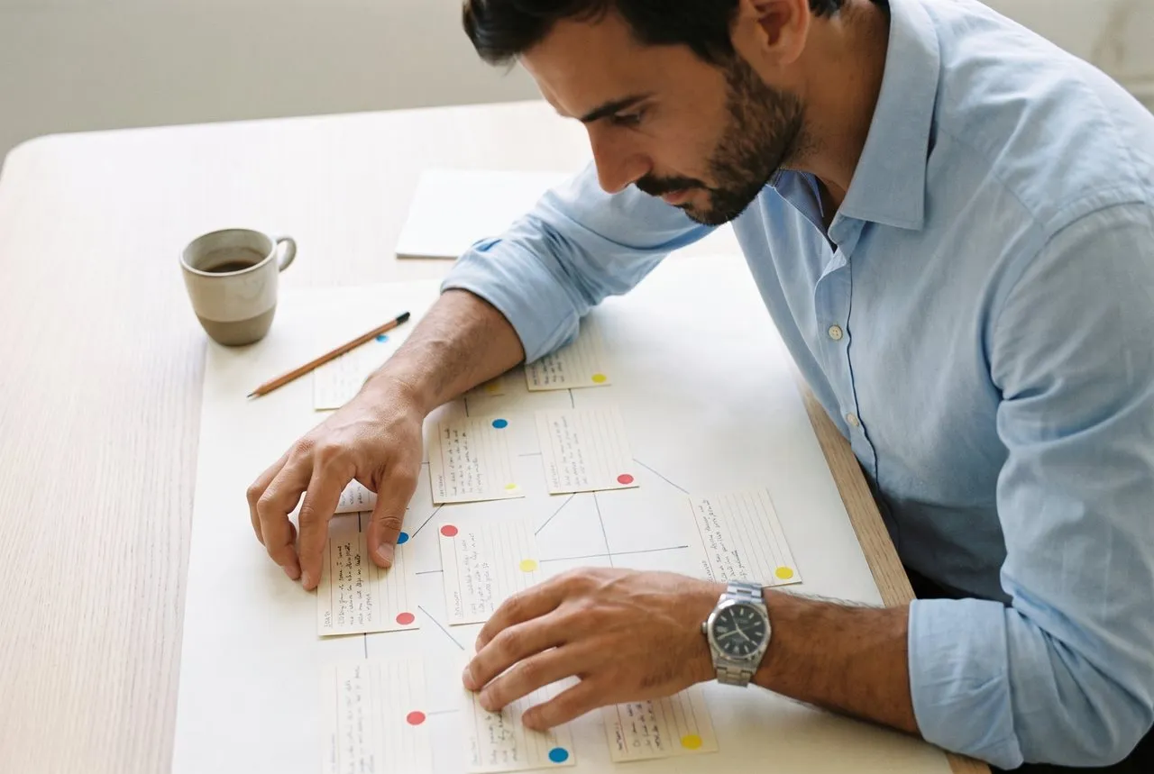 Le consultant organise des fiches sur une grande table lors d’un exercice de cartographie des risques