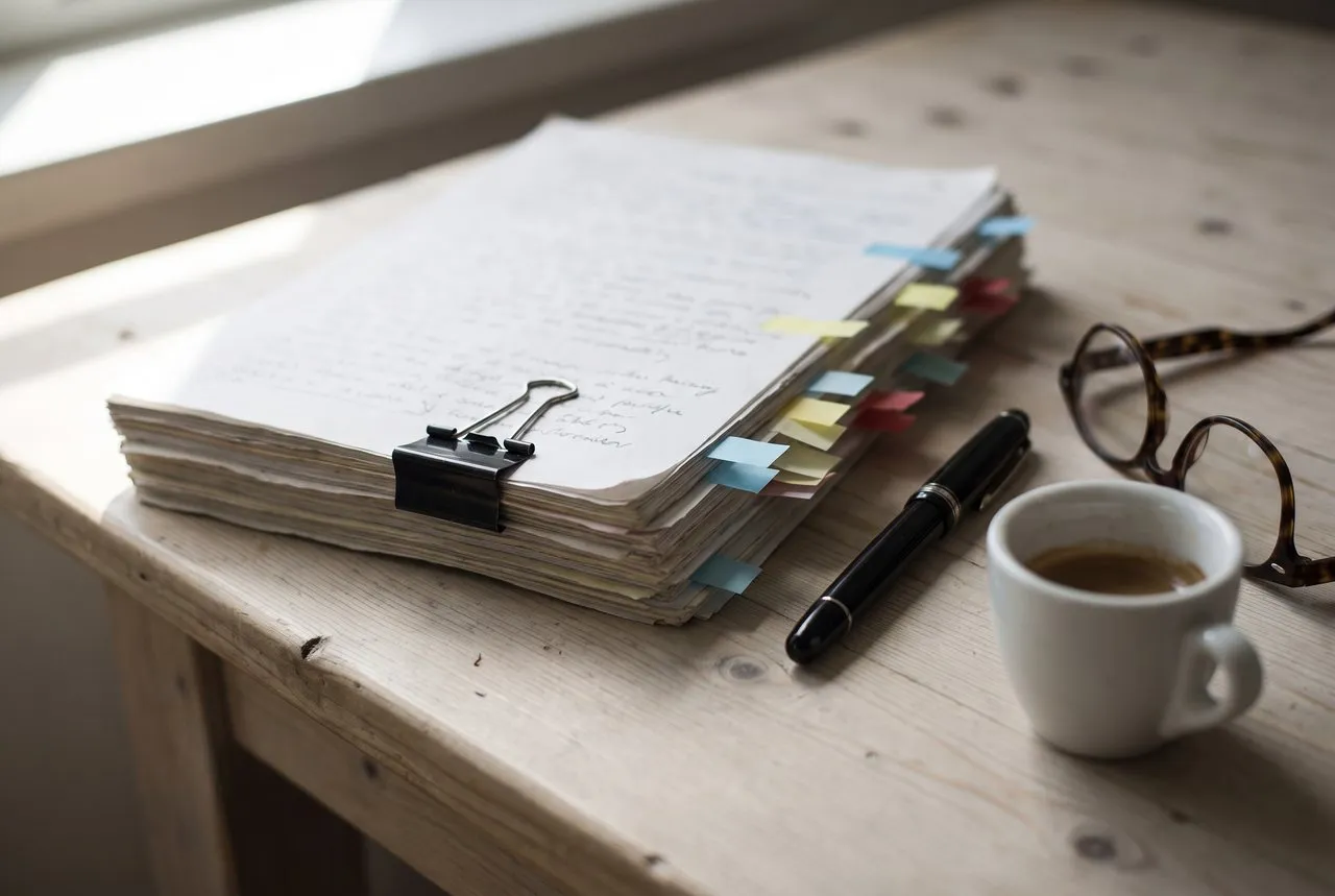 Document réglementaire annoté et marqué d’onglets, avec stylo, lunettes et café