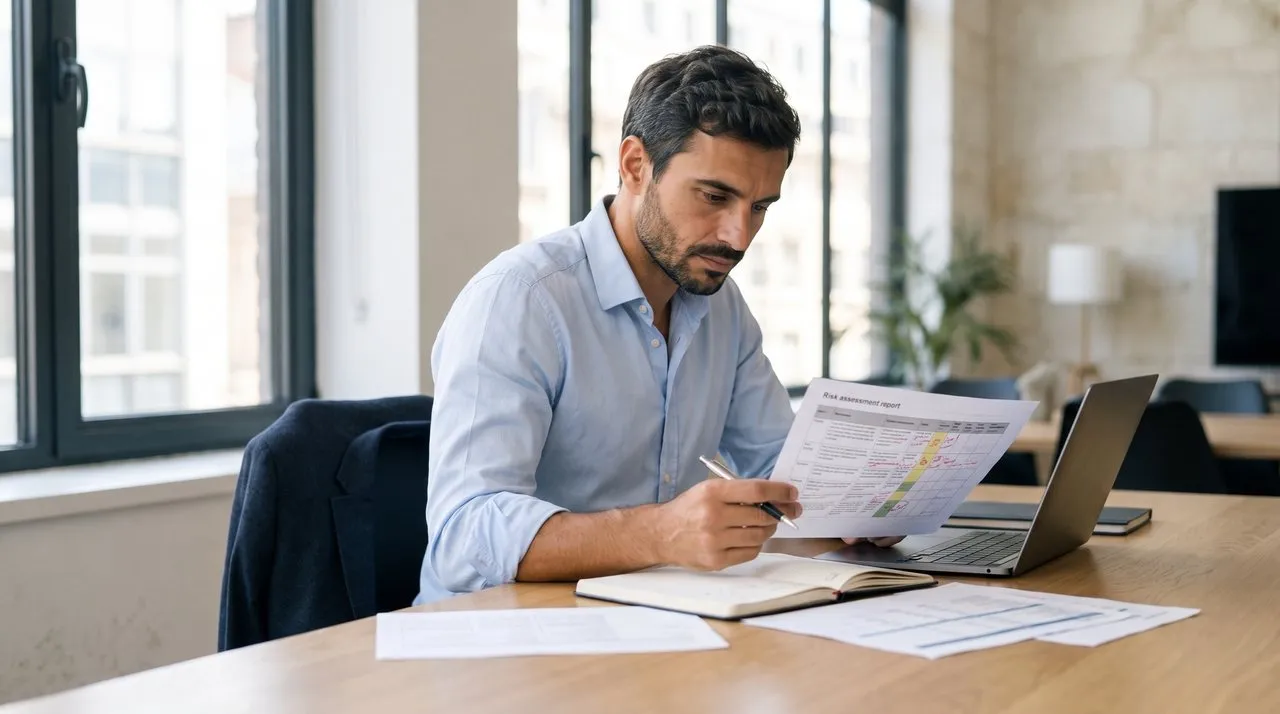 Le consultant annote un rapport d’analyse de risques à son bureau