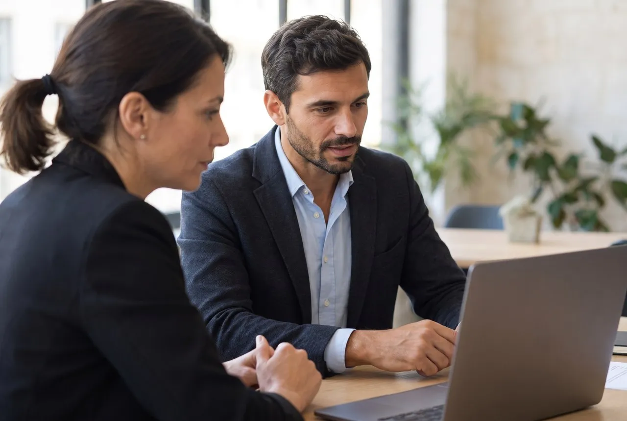 Le consultant travaillant aux côtés d’une responsable sécurité, devant un ordinateur portable