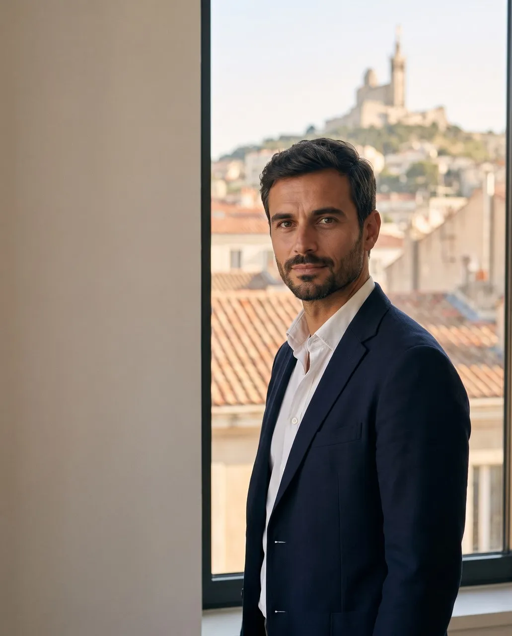 Le consultant d’ANK Cybersecurity devant une fenêtre donnant sur les toits de Marseille et Notre-Dame de la Garde