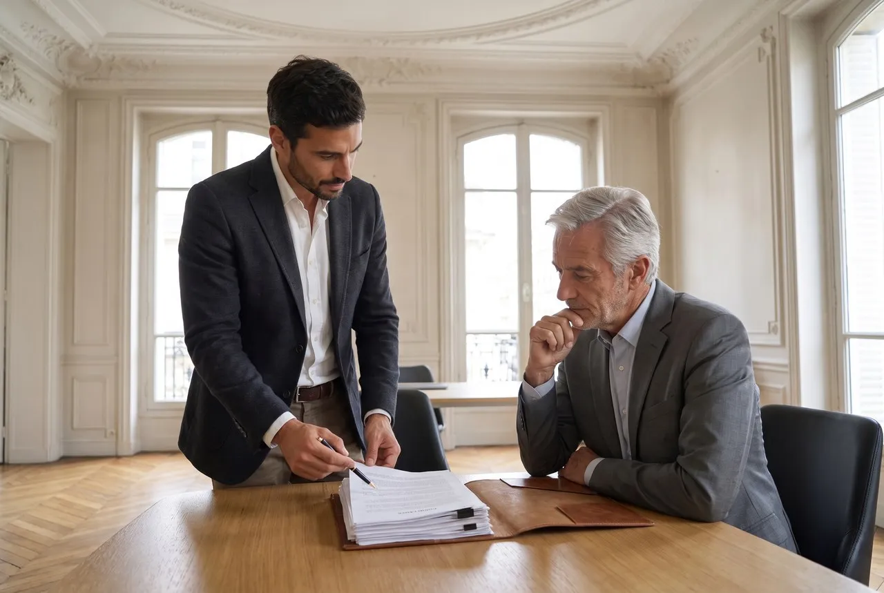 Dans un bureau parisien, le consultant commente un document de conformité avec un dirigeant