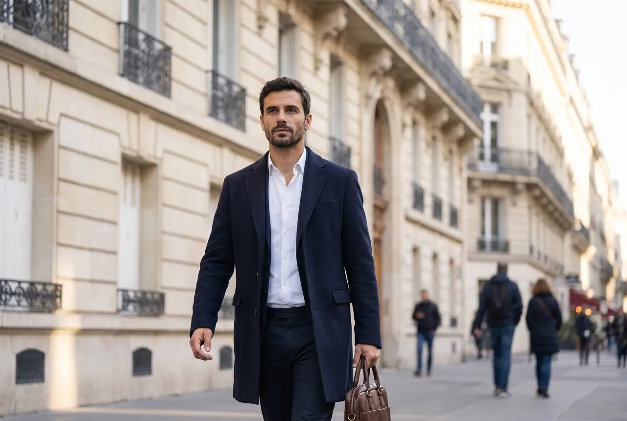 Le consultant marche sur un boulevard parisien bordé d’immeubles haussmanniens