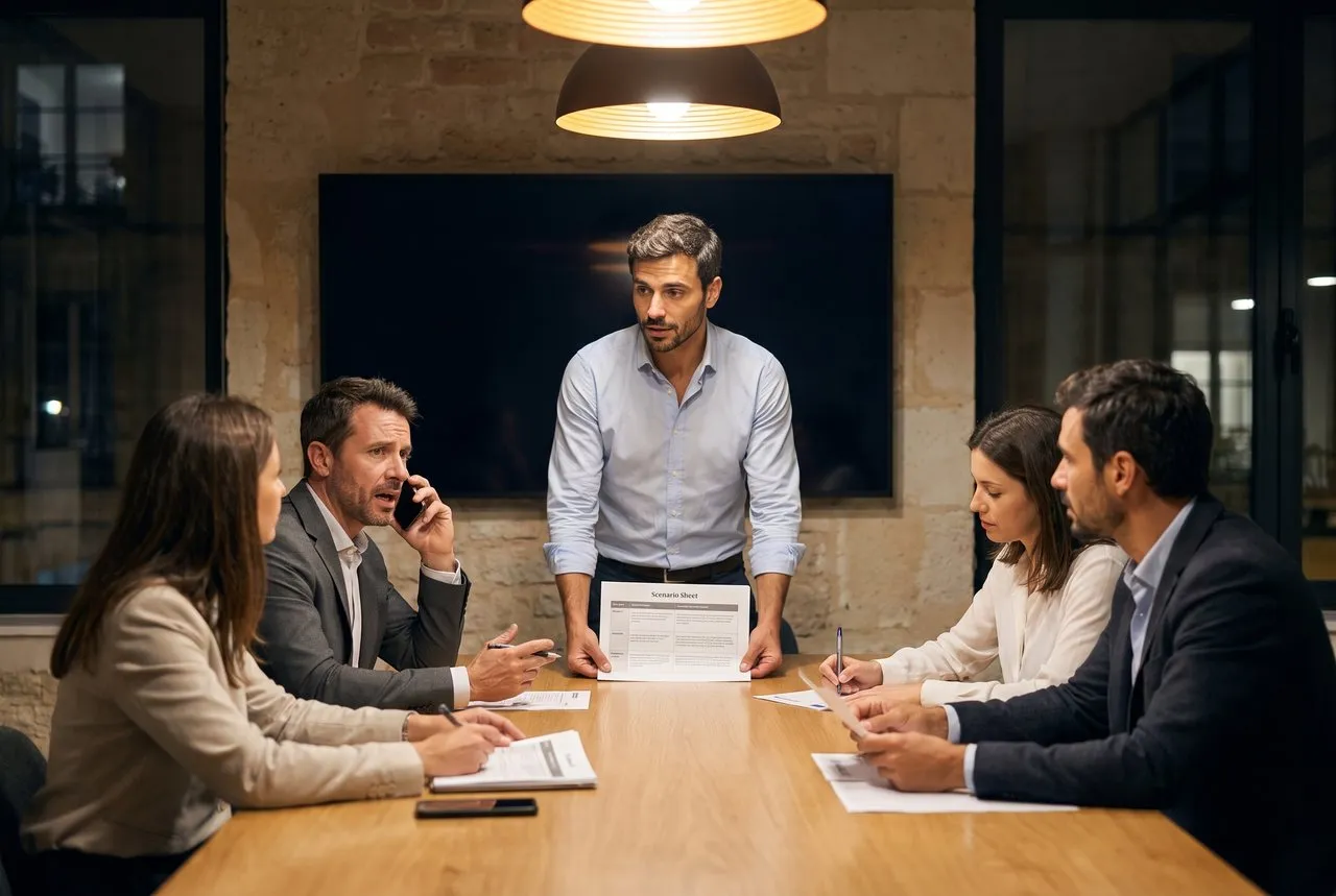 Le consultant anime un exercice de gestion de crise avec une équipe autour d’une table